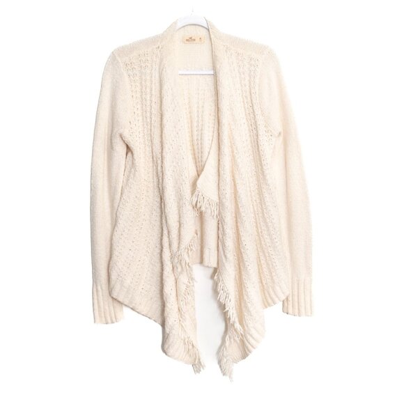 Hollister Size M Fringe Trim Open Draped Knit Cardigan Sweater Soft Cream Textur - Picture 1 of 8
